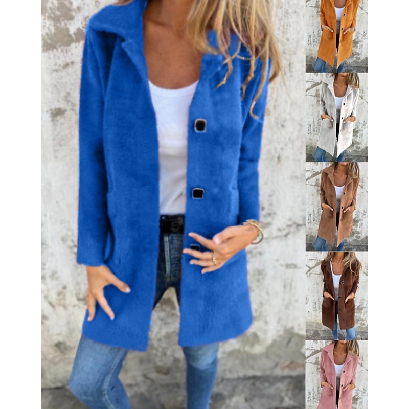 Women's Coat Warm Comfortable Pocket Buttons Fashion Plain Going out Weekend Single Breasted Long Turndown Regular Fit Long Sleeve Outerwear Pink Blue Camel Fall Winter