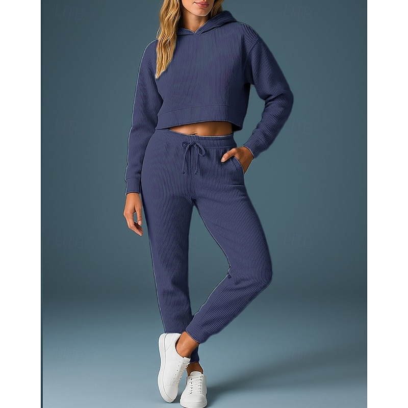 Women's Tracksuit Sweatpants Pullover Sweatshirt Drawstring Hooded Solid Colored Clothing Suit Spring Dark Grey Black Gym Outdoor Running High Waist Windproof Lightweight Long Sleeve Sport Activewear4