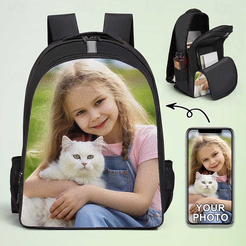 Kid's Custom Photo School Backpack with Reflective Safety Strips, Multi-Compartment Storage, and Luggage Strap – Personalized Bookbag for Kids, Travel, and Daily School Use