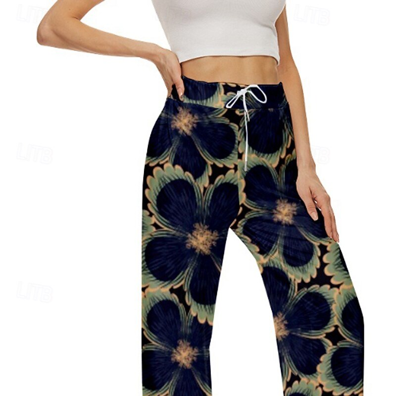 Women's Wide Leg Slacks Streetwear Casual Full Length Natural Flower Print Elastic Drawstring Design Comfortable Street Holiday Daily Wear Black Fall Regular Fit3
