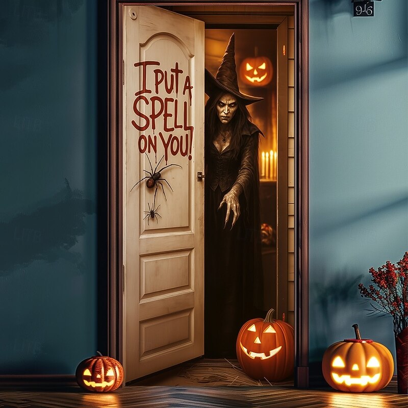 Halloween Door Cover – "I Put a Spell on You" Creepy Door Scene, Haunted House Entrance Banner, Scary Outdoor & Indoor Decoration for 2025 Halloween Bedroom, Living Room, Bathroom2