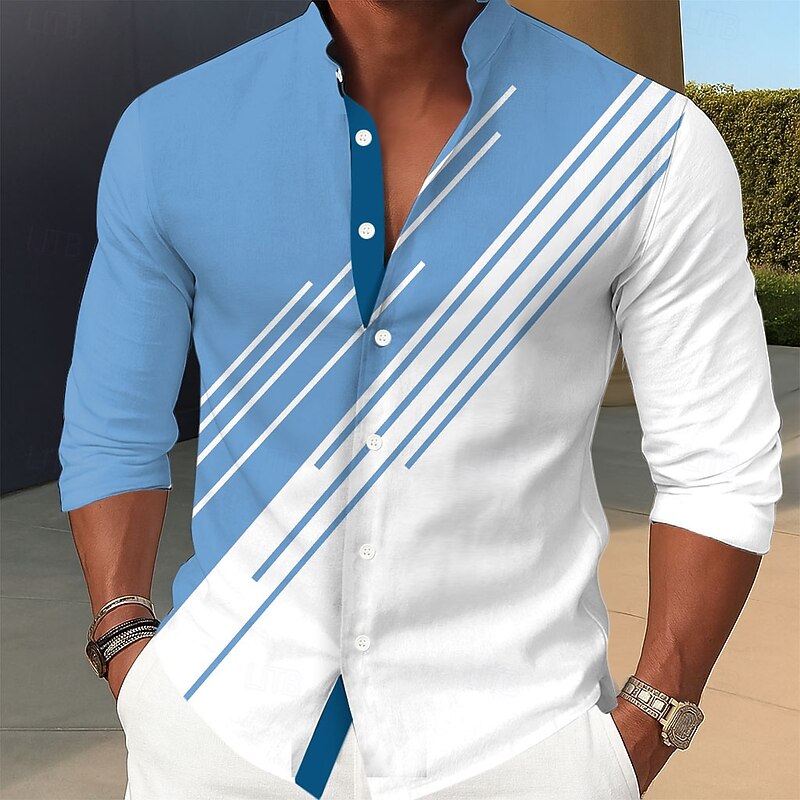 Men's Geometric Line Shirt Stand Collar Shirt Long Sleeve Business Casual Formal Dailywear Spring Fall Mandarin Collar Band Collar 3D Print Button Up Shirts Blue Green Khaki Gray