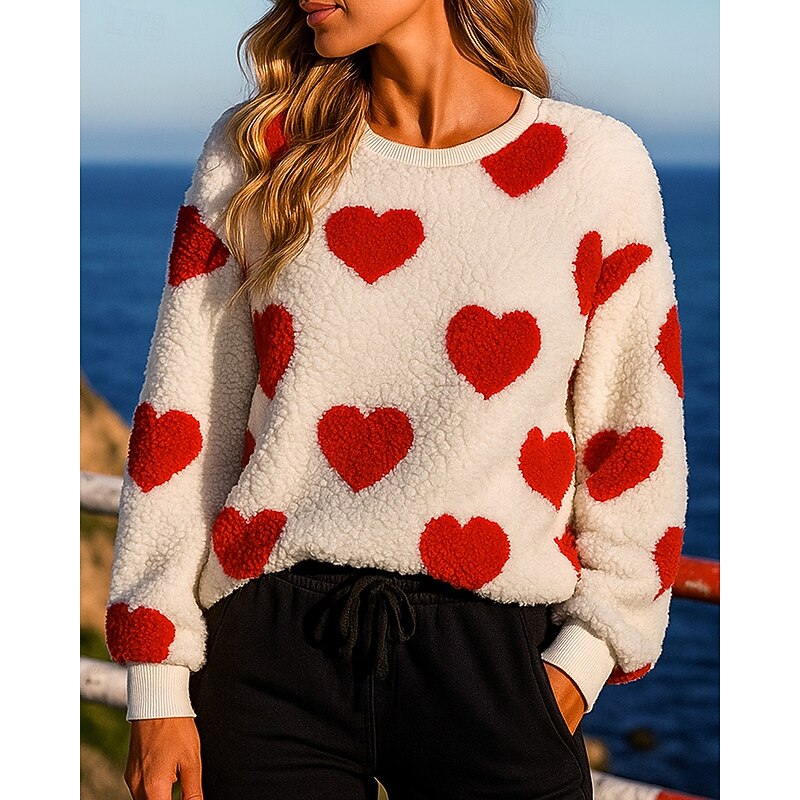 Women's Fleece Sweatshirt Pullover Sweatshirt Long Sleeve Top Athleisure Fall Heart Fashion Warm Outdoor Jogging Running Sportswear Activewear Black Red Coffee