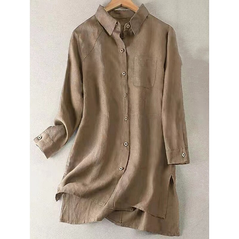 Women's Cotton Linen Shirts Solid Color Stylish Basic Casual Long Sleeve Shirt Collar Long Tops Daily Buttons White Army Green Khaki Summer Fall