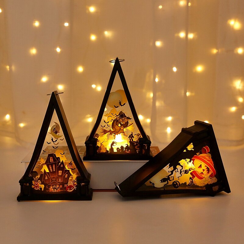 1 Pc 11.5cm Halloween Pumpkin Castle Witch Triangle Ornament Lamp Indoor Restaurant Bedroom Party Atmosphere Decoration Lamp Hanging Lantern3