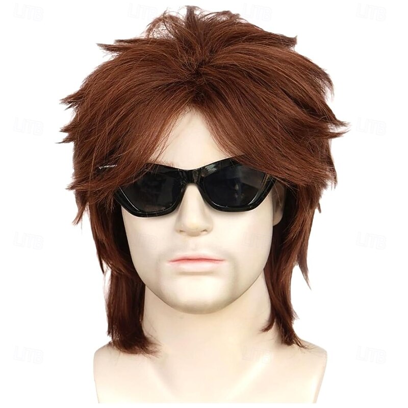 Brown 70s 80s Male Wig Mens Brown Fluffy Mullet Punk Rocker Wig California Heat Resistant Synthetic Hair for Halloween Party Cosplay Costume