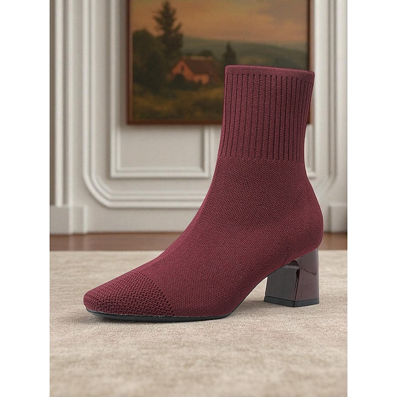 Women's Navy Knit Sock Boots – Pointed Toe Stretch Ankle Boots with Block Heels for Elegant Daily Wear & Fall Outfits4