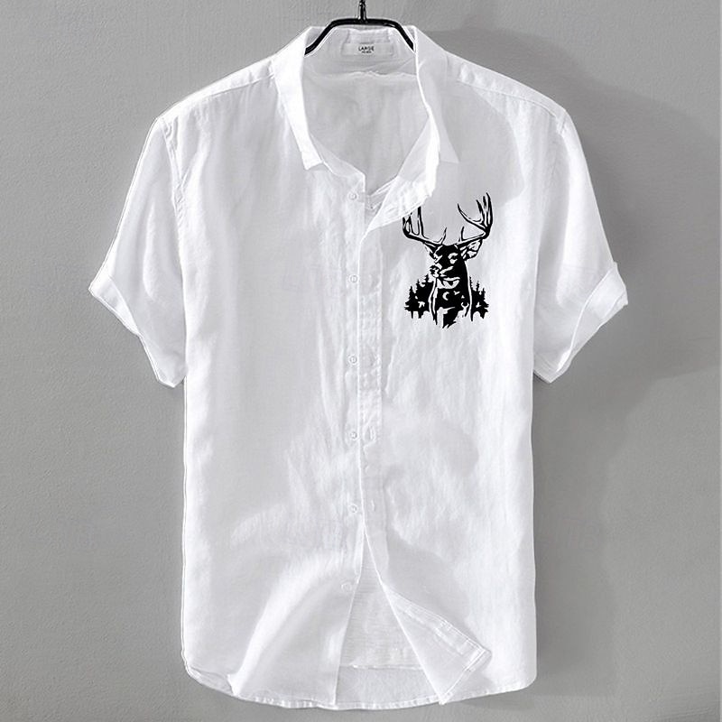 Men's Linen Shirt Casual Shirt Cotton Linen Shirt Button Up Shirt Animal Patterned Vacation Daily Wear White Dark Navy Sky Blue Khaki Short Sleeve Lapel All Seasons Clothing Apparel Buckle - Main Image