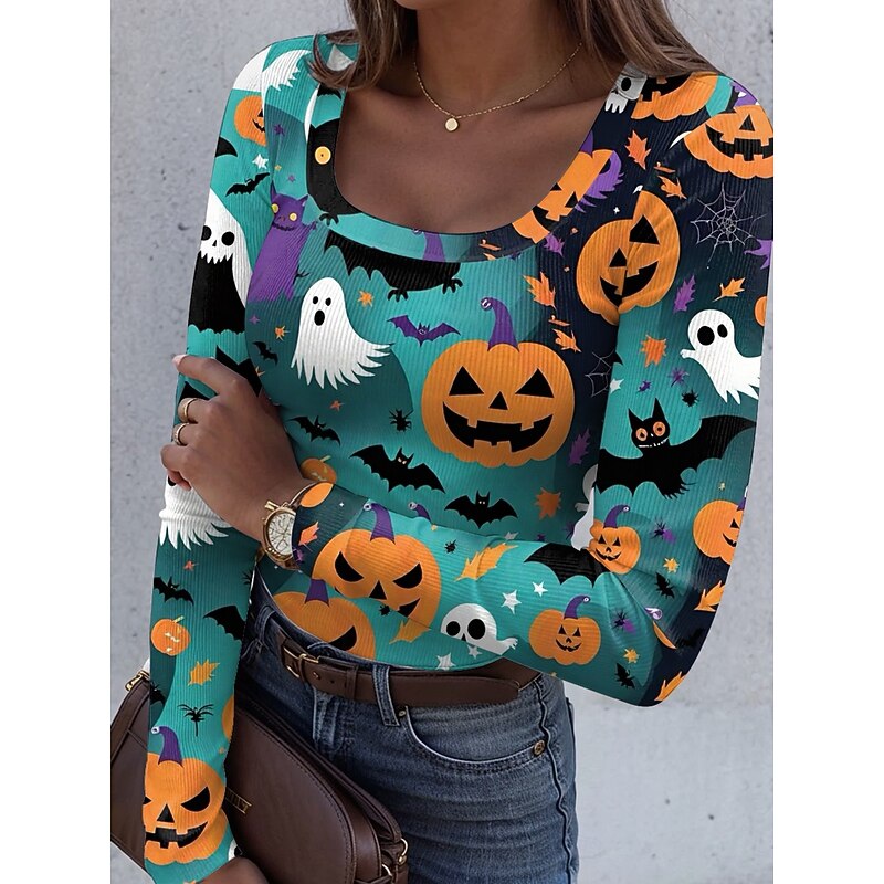 Halloween Women's T shirt Pumpkin Ribbed Graphic Square Neck Long Sleeve Casual Vintage Regular Tops Daily Print Black Blue Orange Green Spring Fall