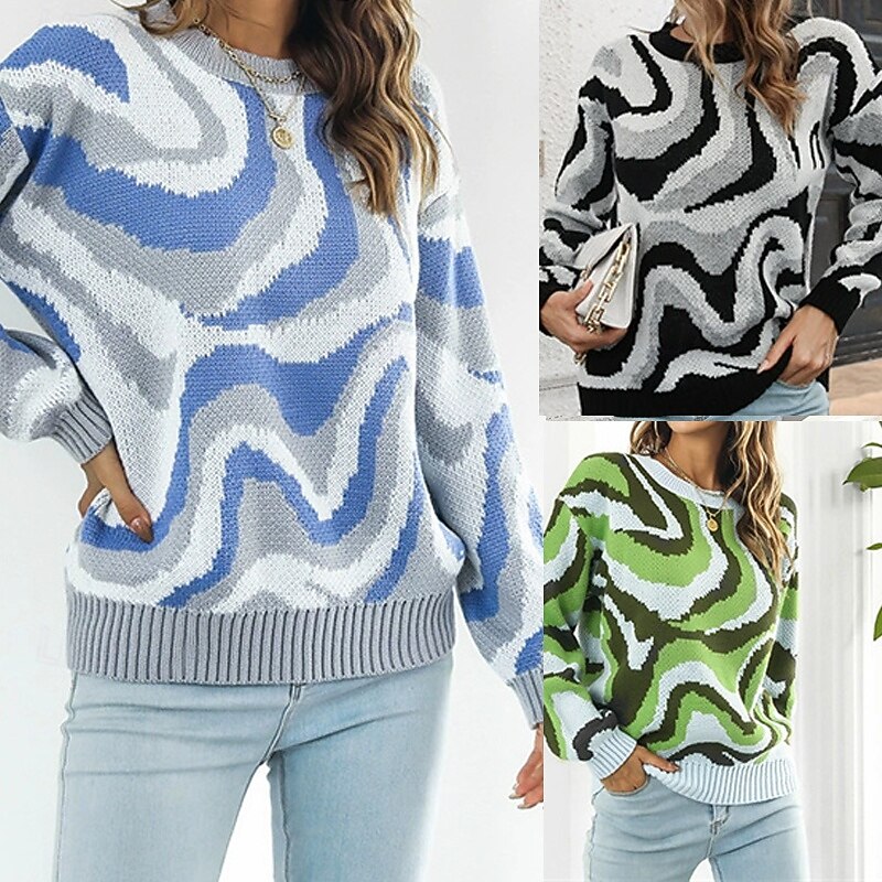 Women's Pullover Casual Color Block Chunky Crew Neck Knitted Long Sleeve Regular Tops Knit Daily Holiday Going out Black Blue Fall Winter