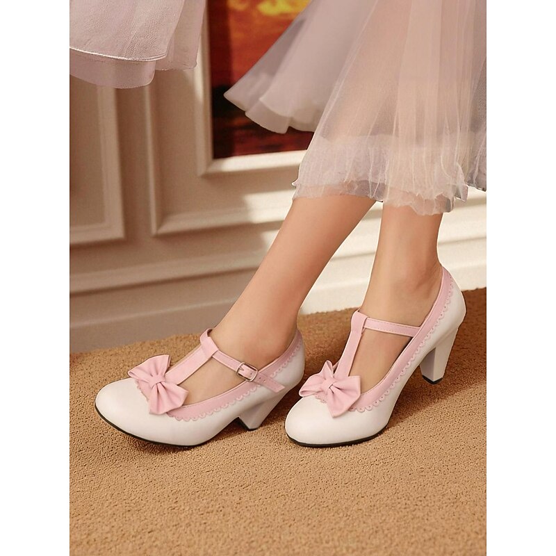 Women's 1950s Vintage Pink Bow T-Strap Mary Jane Heels – Cute Lolita Style Round Toe Pumps for Tea Parties, Cosplay, and Special Occasions4