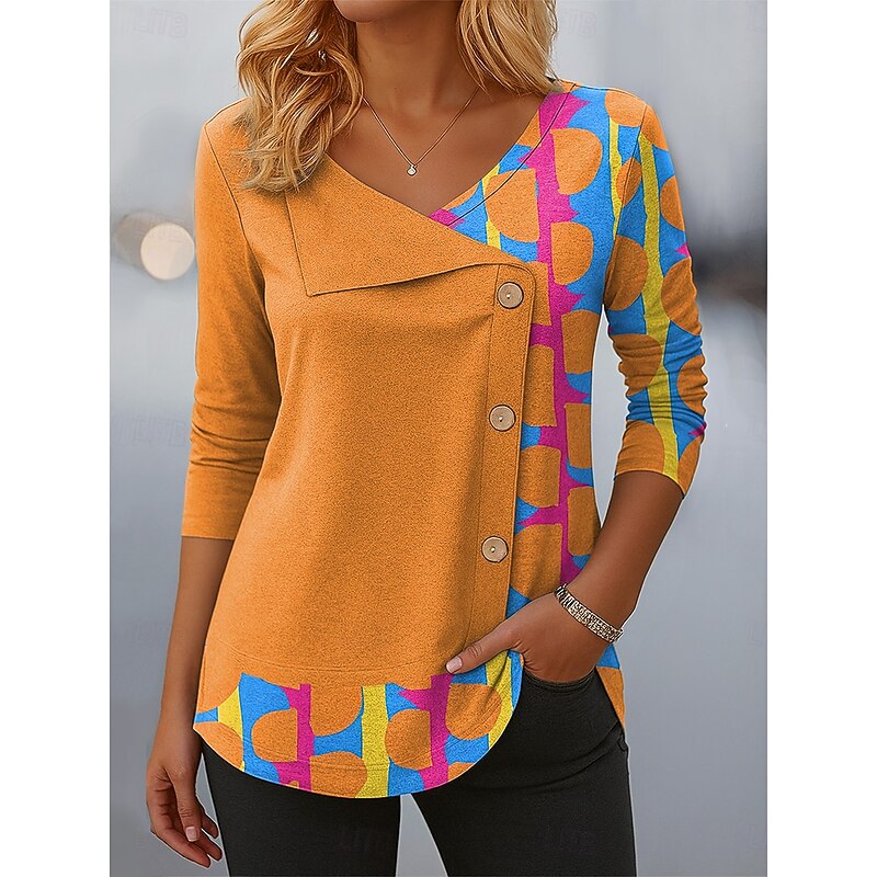 Women's Blouse Tunic V Neck Long Sleeve Buttons Graphic Geometric Plaid Vintage Stylish Casual Crew Neck Asymmetrical Tops Daily Patchwork Print Light Green Pink Red Purple Orange Spring Fall Winter4