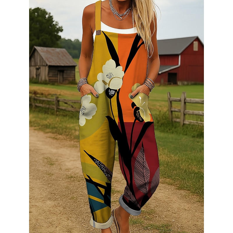 Women's Dungarees Active Floral Sleeveless Harem Drawstring with Pocket Vacation Street Loose Fit Yellow Red Blue Summer