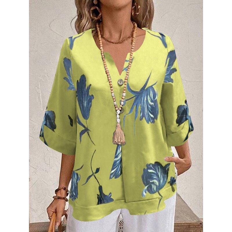 Women's Shirt Floral Stylish Modern 3/4 Length Sleeve V Neck Regular Tops Daily Holiday Print White Yellow Red Purple Light Blue Summer4