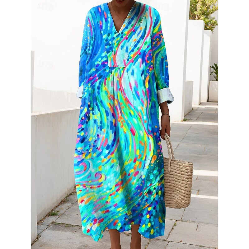 Women's Midi Dress V Neck Long Sleeve Kaftan Lightweight Loose Fit Shift Dress Casual Going out Loose Fit Graphic Geometric Abstract Long Sleeve V Neck Blue Purple Orange Green Fall