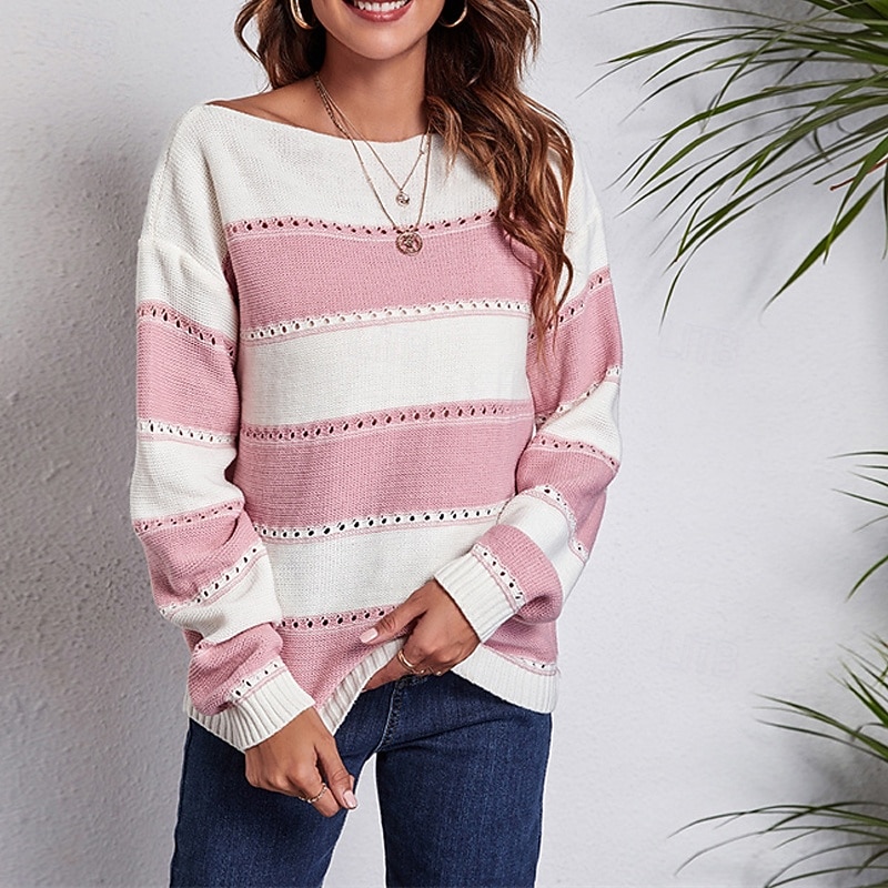 Women's Pullover Casual Striped Chunky Off Shoulder Knitted Long Sleeve Regular Tops Knit Daily Holiday Going out Black Pink Fall Winter