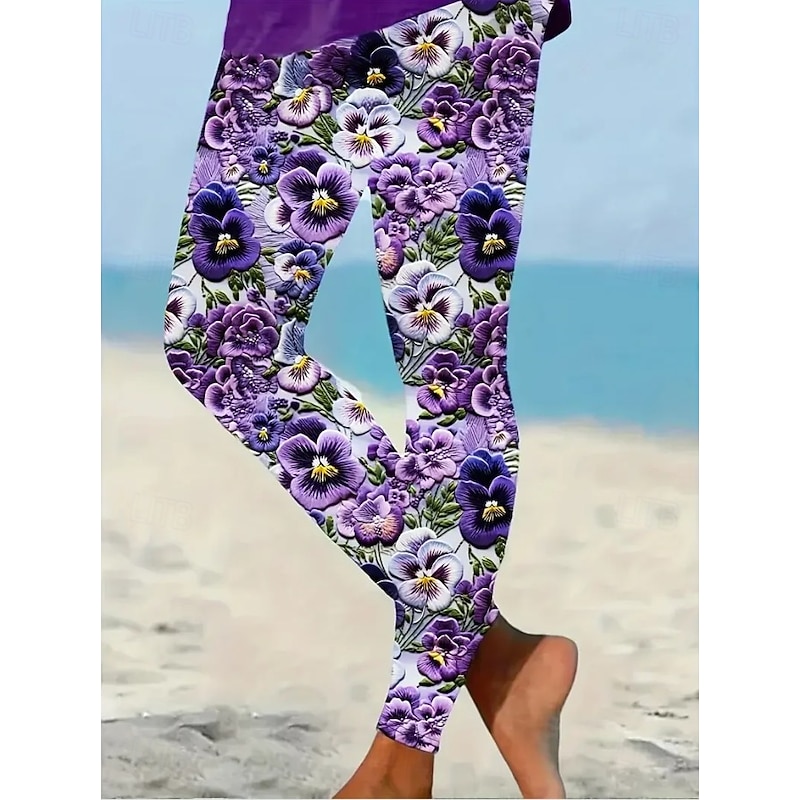 Women's Leggings Vacation Vintage Ethnic Style Ankle-Length High Waist Floral Graphic 3D Print Quick Dry Breathability Soft Stretchy Outdoor Home Causal Robin's Egg Blue White / White Purple Orange