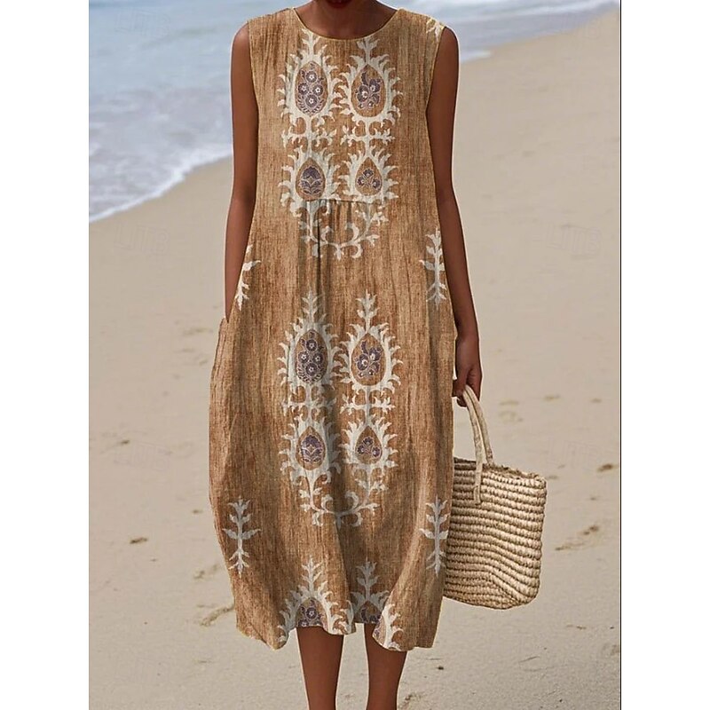 Women's Midi Dress Sundress Shift Dress A Line Dress Vacation Casual Boho Going out Beach Loose Fit Floral Graphic Geometric Sleeveless Crewneck Pink Red Blue Orange Summer Spring4