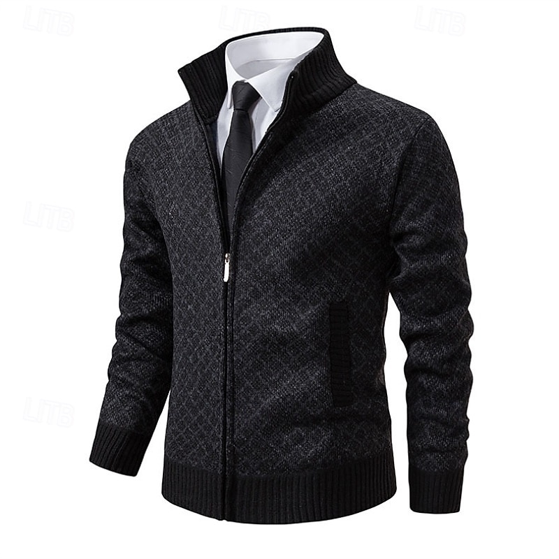 Men's Sweater Dress Sweater Cardigan Sweater Zip Sweater Knit Sweater Ribbed Knit Regular Tops Knitted Ribbed Plain Stand Collar Fashion Shawls Business Casual Clothing Apparel Fall Winter Black4