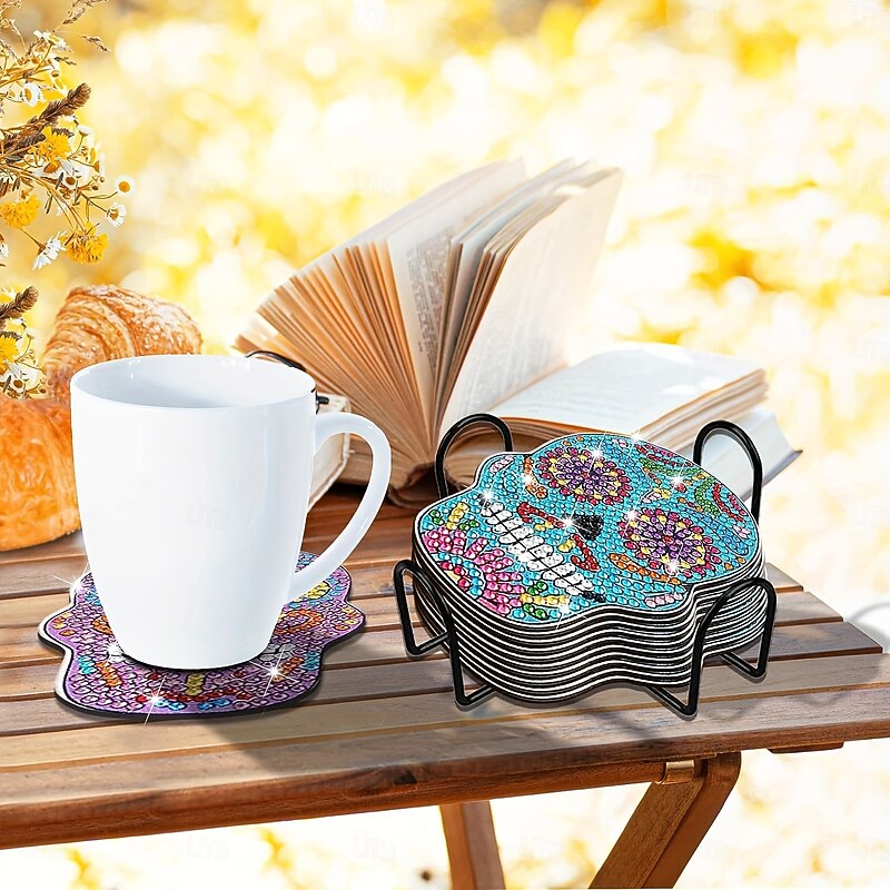 10pcs Set Vibrant 5D Skull Pattern Diamond Painting Coasters - DIY Sparkling Wooden Coasters with Black Metal Holder Ideal for Beginners Perfect Christmas & Birthday Gifts3