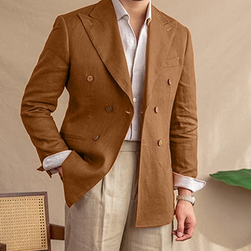 Men 100% Linen Blazer Peak Lapel Formal Wedding Christmas Elegant Vintage Summer Spring Solid Color Pocket Plain Double Breasted Blazer Black Orange Army Green4