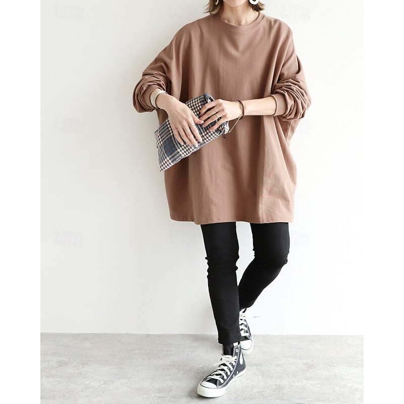 Women's Pullover Sweatshirt Sweatshirts Plain Basic Casual Long Sleeve Crew Neck Regular Tops Street Going out Black Brown Beige Gray Fall3