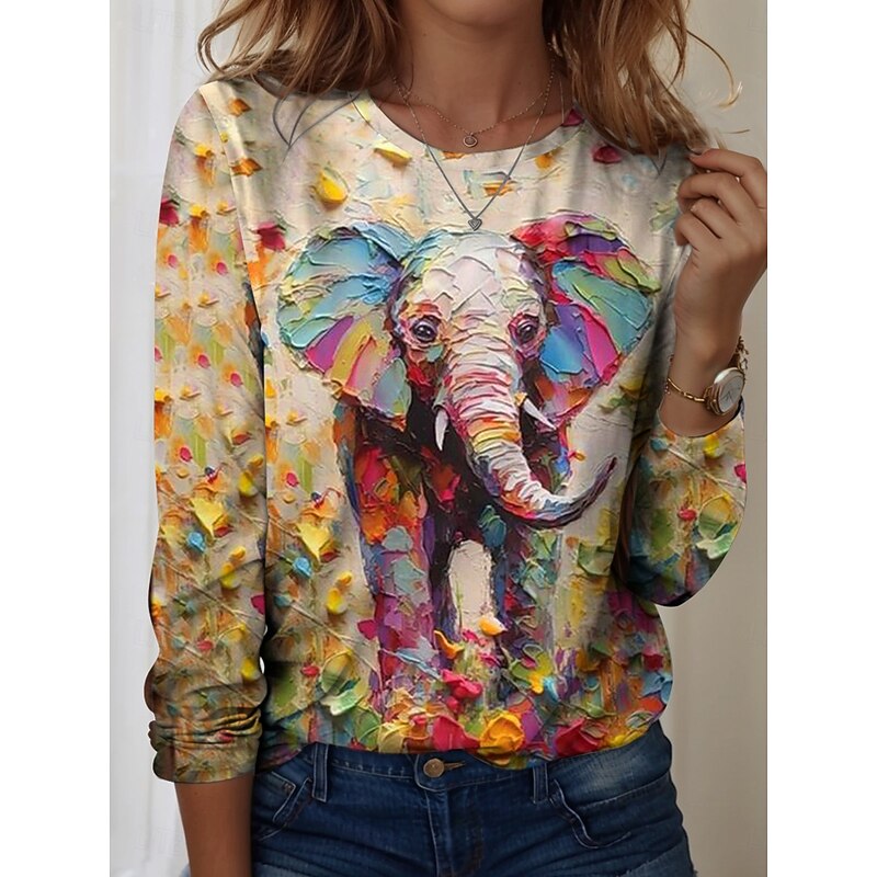 Women's T shirt Crew Neck Long Sleeve Tunic Graphic Animal Vintage Stylish Modern  Regular Tops Daily Print Yellow Blue Sky Blue Fall2