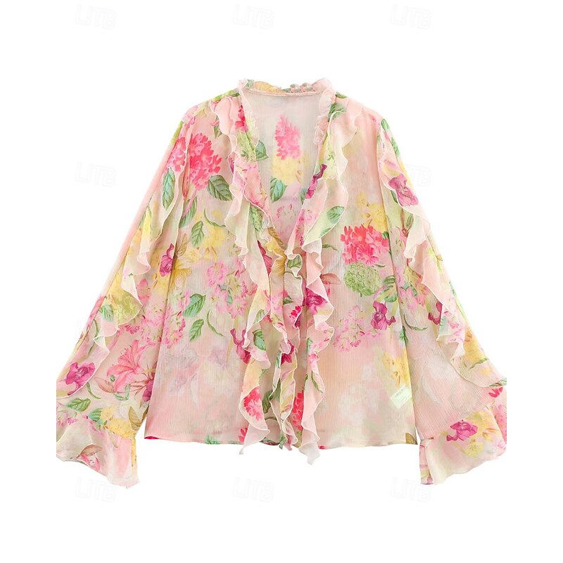Women's Shirt Blouse Flower Stylish Modern Long Sleeve V Neck Regular Tops Holiday Going out Print Pink Fall