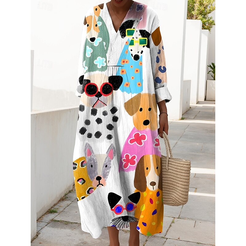 Women's Midi Dress V Neck Long Sleeve Kaftan Lightweight Loose Fit Shift Dress Casual Going out Loose Fit Graphic Animal Long Sleeve V Neck Black White Green Fall4