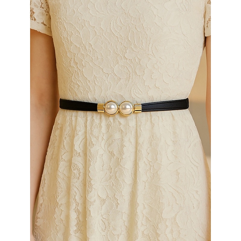 Women's Pearl Buckle Elastic Waist Belt – Slim Adjustable Polyester Dress Belt, Elegant Vintage Style for Ladies, Suitable for Weddings, Parties and Formal Events2