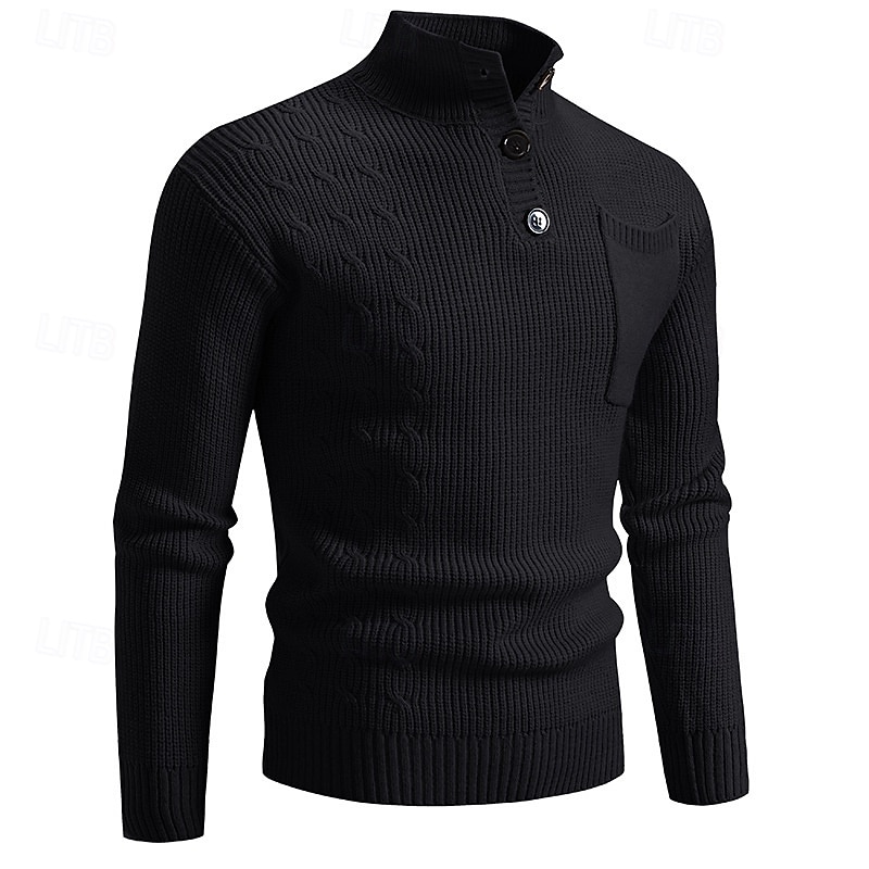 Men's Pullover Sweater Jumper Knit Sweater Ribbed Knit Regular Tops Pocket Knitted Plain Stand Collar Fashion Basic Vacation Daily Wear Clothing Apparel Fall Winter Black Wine M L XL2