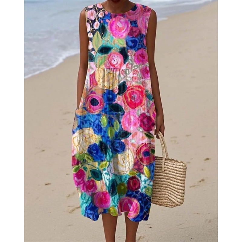 Women's Midi Dress Casual Dress Summer Dress Fashion Modern Daily Beach Weekend Regular Fit Flower Sleeveless Crew Neck Pink Fall