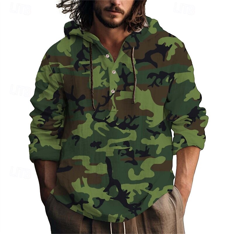 Men's Shirt Popover Shirt Summer Shirt Casual Shirt Beach Shirt Royal Blue Blue Army Green Long Sleeve Camouflage Hooded Vacation Holiday Drawstring Clothing Apparel Polyester Fashion Casual3