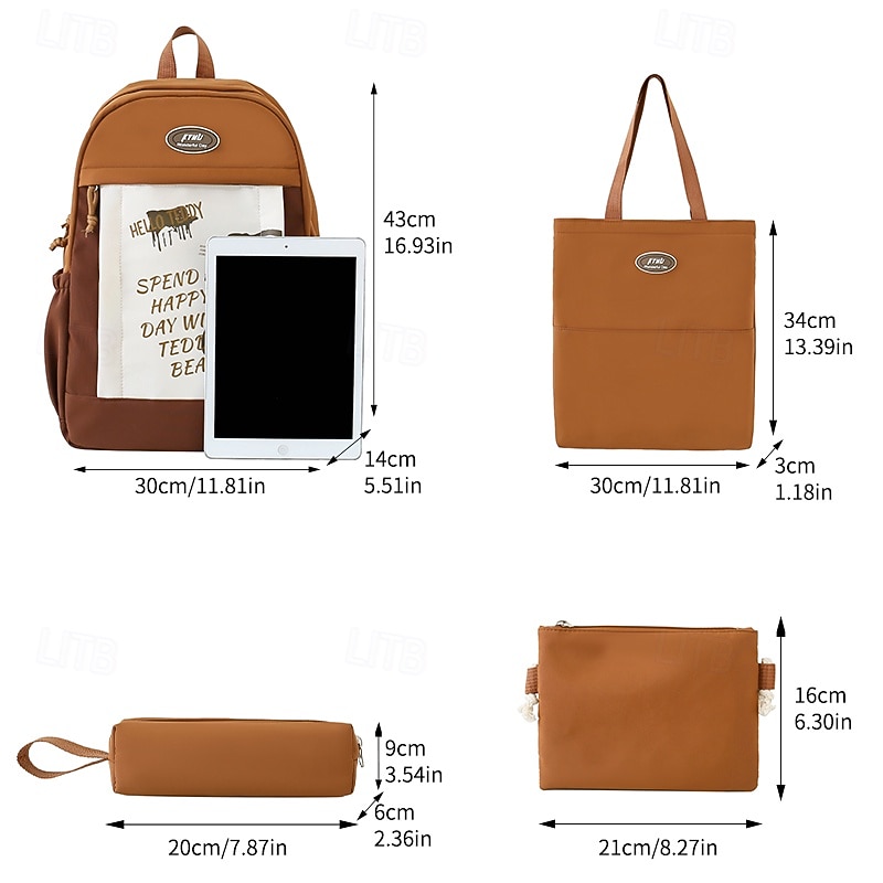 4-Piece Cute Backpack Set for Girls with Teddy Bear Print – Kawaii School Bag with Tote, Pencil Case, and Pouches for Teen Students3