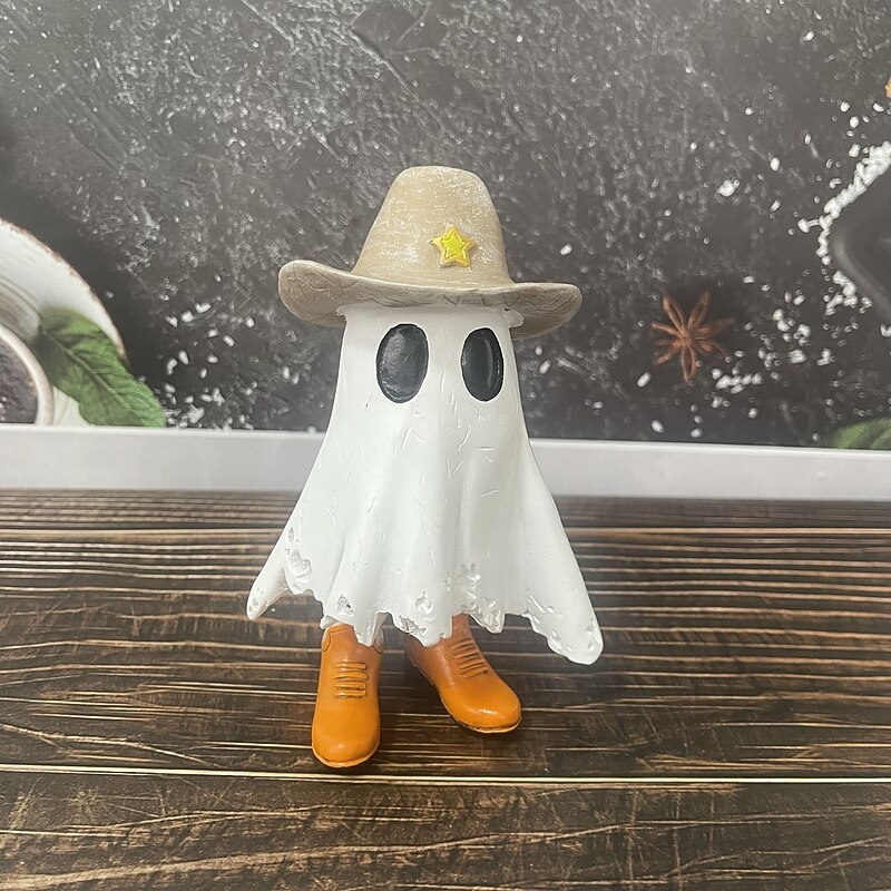 Halloween Cowboy Cute Ghost Decoration Resin Figurine, Spooky Resin Sculpture Decor, Small Desktop Statue for Home, Office, Party Decoration4