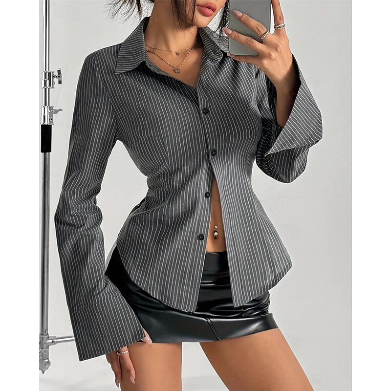 Women's Shirt Striped Daily Stylish Basic Long Sleeve Shirt Collar Regular Tops Work Daily Holiday Buttons Gray Spring Fall