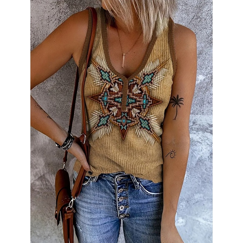 Women's Camisole Tank Top Graphic Geometric Abstract Bohemia Vintage Stylish Sleeveless V Neck Regular Tops Daily Print Red Blue Khaki Summer Spring