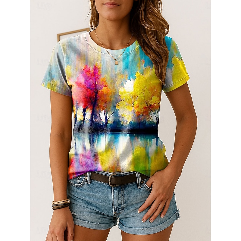 Women's T Shirt Ombre Graphic Vintage Stylish Classic Short Sleeve Crew Neck Regular Tops Daily Weekend Print Yellow Purple Orange Summer Spring