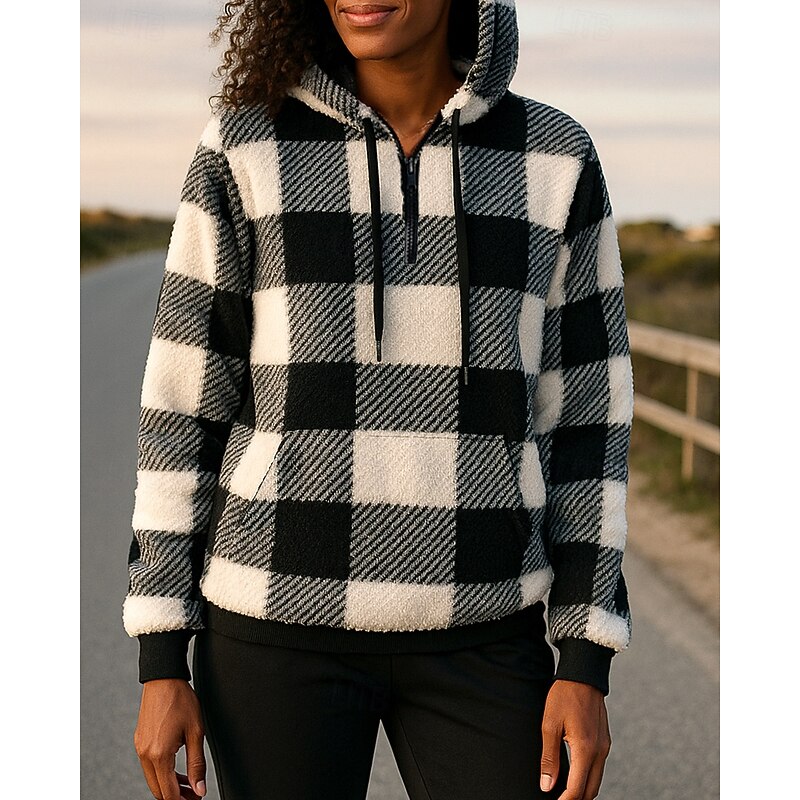 Women's Running Top Fleece Hoodie Sweatshirt Quarter Zip Long Sleeve Top Athleisure Plaid Checkered Sun Protection Windproof Gym Outdoor Running Sportswear Activewear Black Pink Light Green