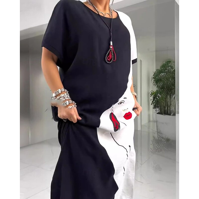 Women's Long Dress Maxi Dress Casual Dress Print Dress Classic Modern Outdoor Vacation Going out Regular Fit Color Block Short Sleeve Crew Neck Black And White Fall3