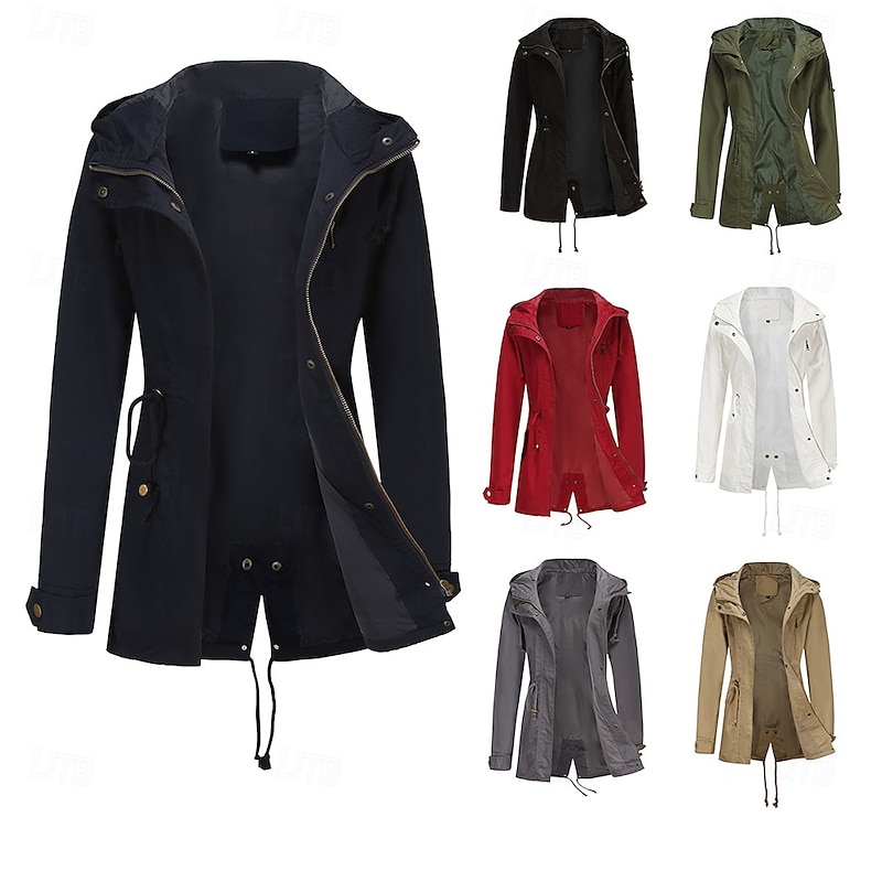 Women's Coat Waterproof Comfortable Full Zip Drawstring Fashion Street Style Plain Outdoor Casual Daily Long Hooded Regular Fit Long Sleeve Outerwear Black White Burgundy Spring Fall