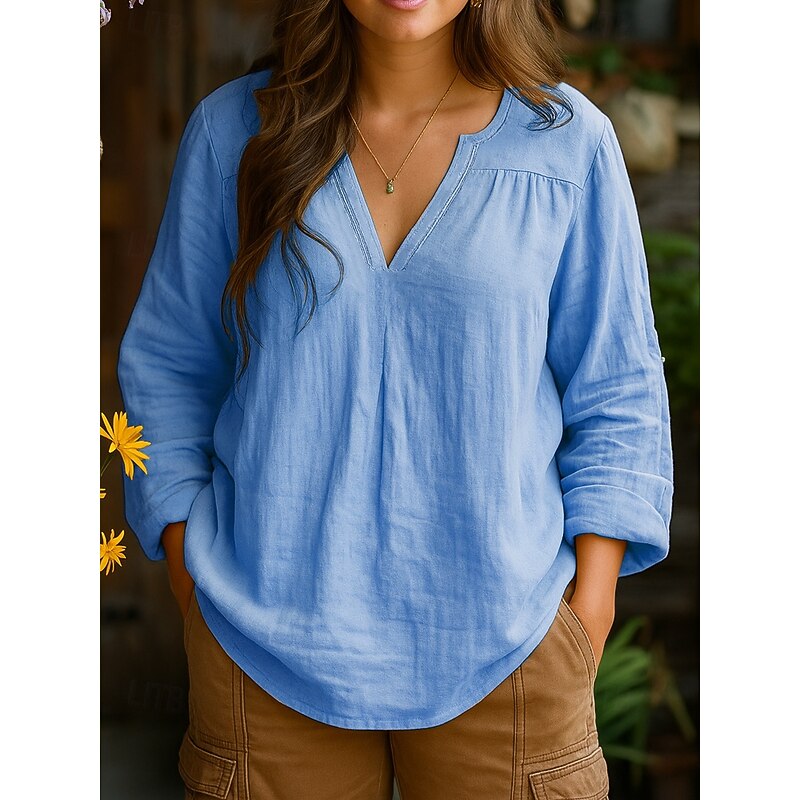 Women's Shirt Plain Daily Long Sleeve V Neck Regular Tops Work Holiday Ruched Yellow Pink Blue Purple Spring Fall
