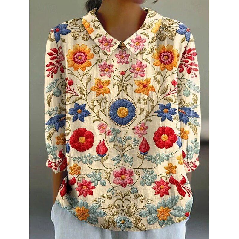 Women's Blouse Long Sleeve Peter Pan Collar Casual Floral Graphic Vintage Daily Stylish 3/4 Length Sleeve Collar Regular Tops Daily Print Yellow Pink Blue Summer Spring3