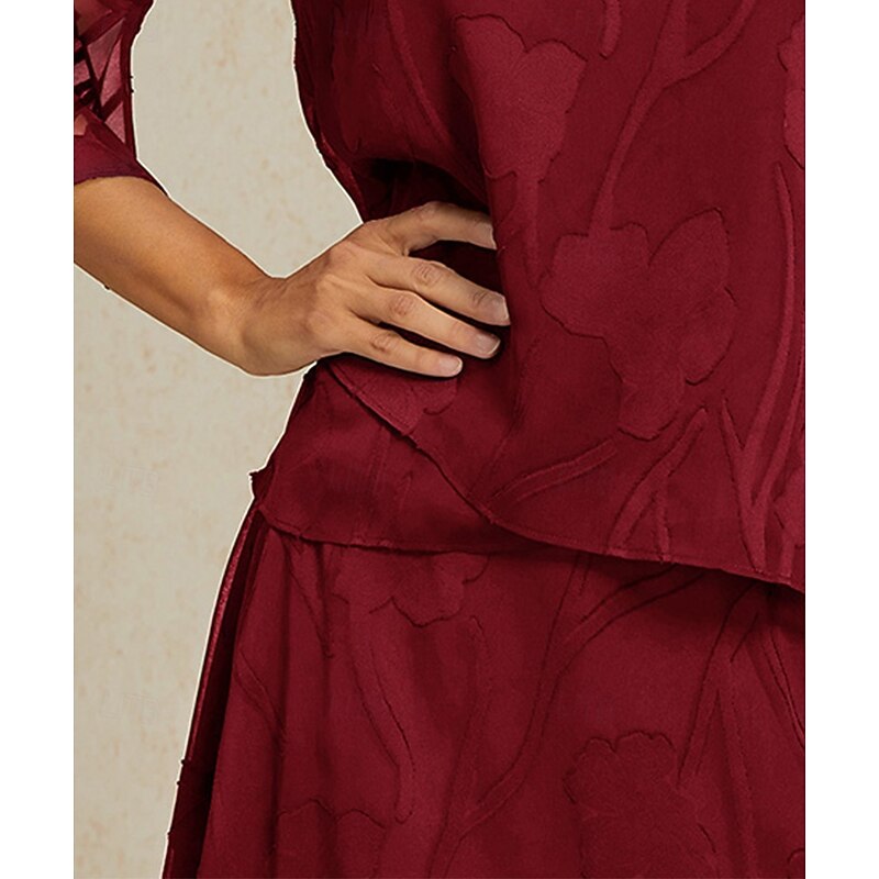 Women's Lace Shirt Blouse Dressy Tops Chiffon Tops Solid Color Floral Flower Elegant Stylish 3/4 Length Sleeve Bell Sleeve Boat Neck Regular Tops Wedding Guest Work Daily Asymmetric Hem Wine Summer4