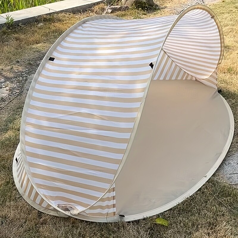 2-Person Quick Setup Beach Tent Sun Shelter - Portable No Assembly Required Striped Beige & White Canopy All-Season Outdoor Shade for Camping Picnics Holidays Beach Tents for Camping Picnic Essen3