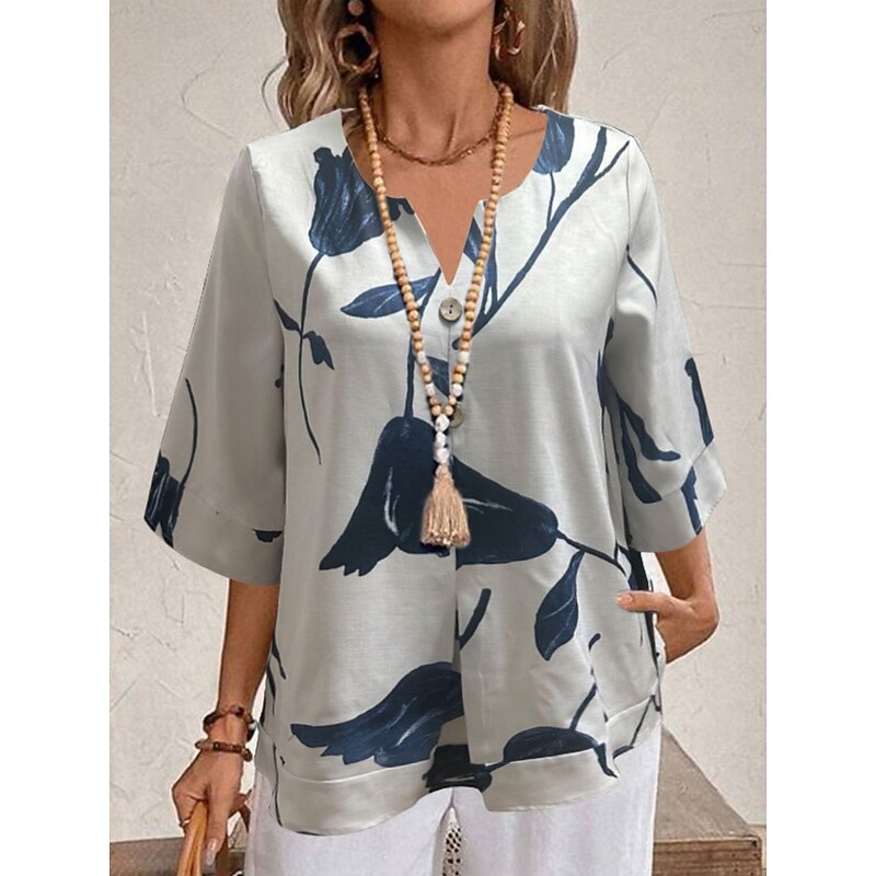 Women's Shirt Floral Stylish Modern 3/4 Length Sleeve V Neck Regular Tops Daily Holiday Print White Yellow Red Purple Light Blue Summer2
