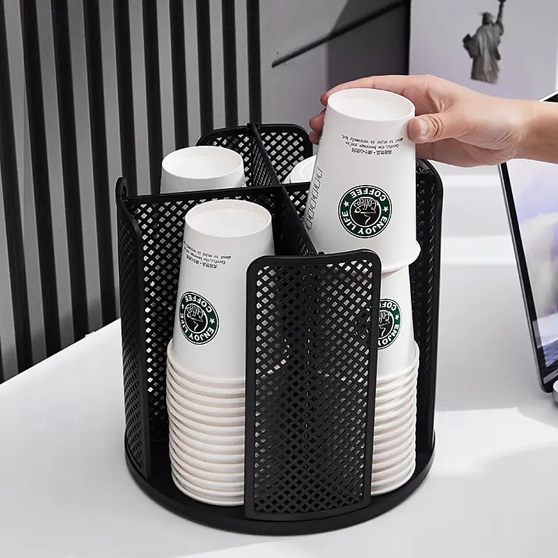 Space-Saving 360° Rotating Paper Cup Dispenser, Durable PS Plastic with Ventilated Removable Design, Black & White, Perfect for Kitchen and Office Coffee Cups