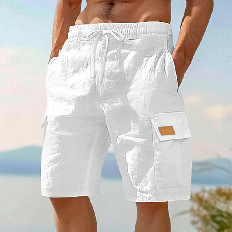Men's Cargo Shorts Shorts Linen Shorts Summer Shorts Beach Shorts Elastic Waist Drawstring Multi Pocket Plain Knee Length Outdoor Holiday Beach Vacation Hawaiian Black White Inelastic3