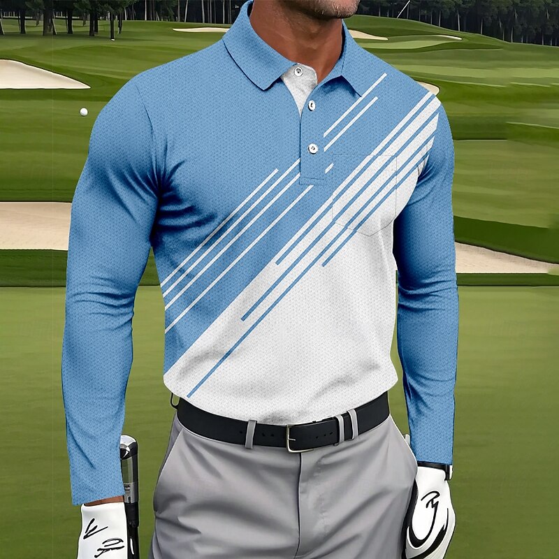 Men's Geometric Golf Polo Long Sleeve Polo Shirts Collared Shirts Sportswear Business Casual Athleisure Daily Wear Pocket 3D Print Buttons Spring Fall Black Red Navy Blue3