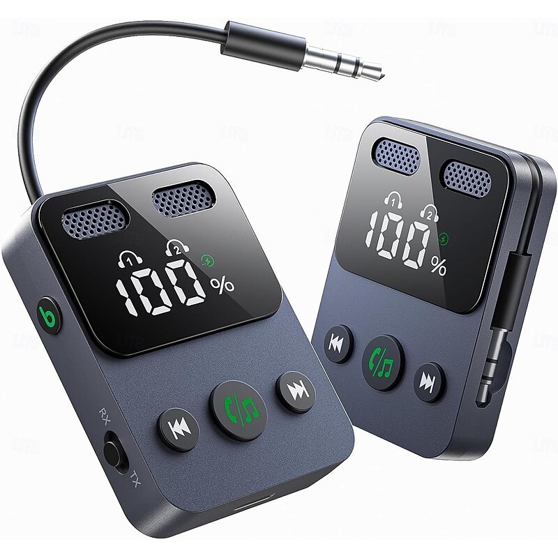 Airplane Bluetooth Transmitter Receiver for 2 AirPods or Headphones, HD Display Low Latency Bluetooth Wireless Transmitter, 3.5mm Aux Audio Jack Adapter for Airplane/TV/Car/Home Stereo